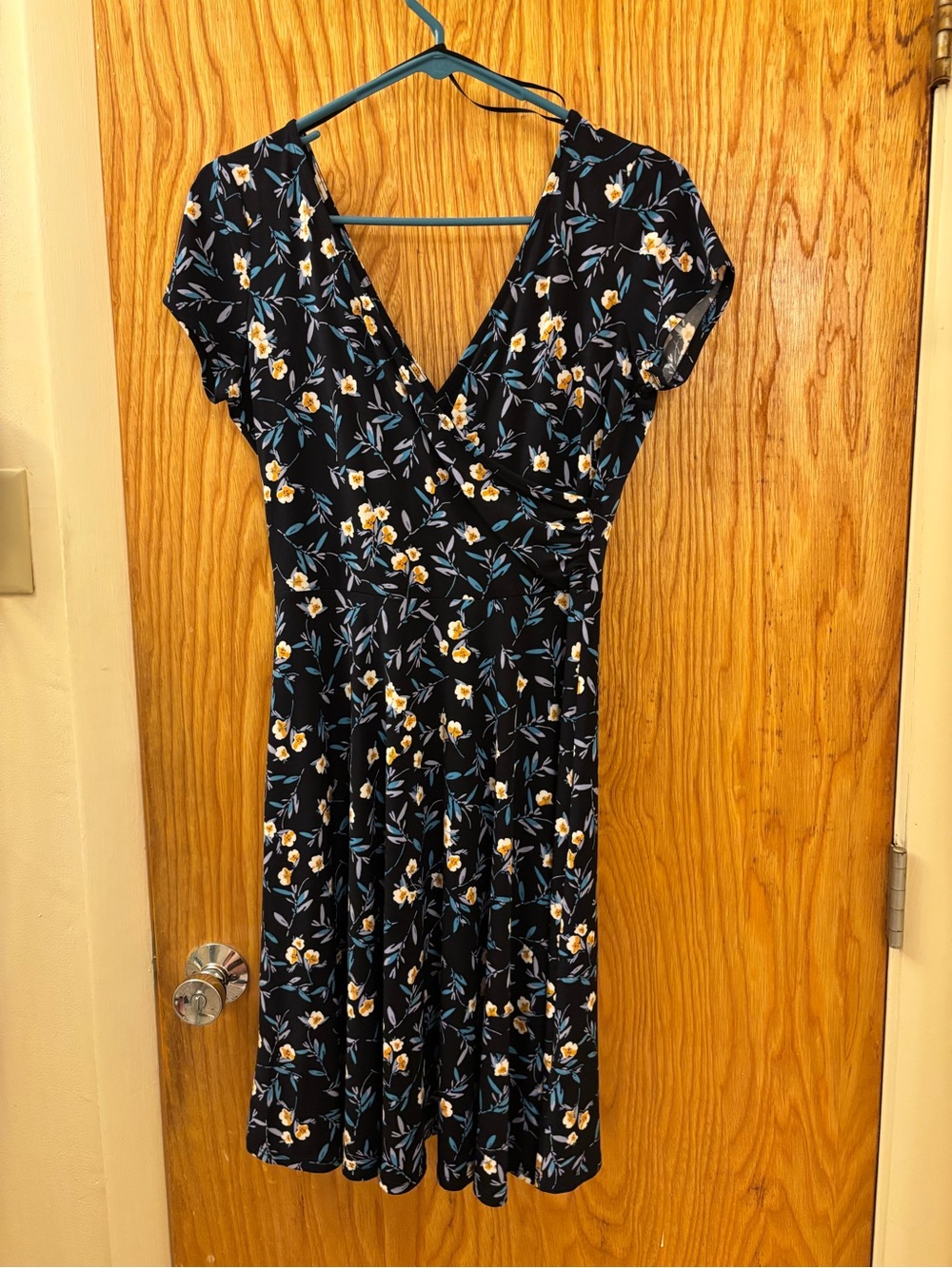 Kaileigh Floral Wrap-Style Black Dress with Yellow Blossom Print